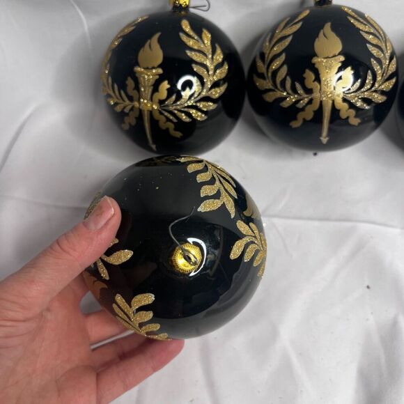 Christmas Tree Ornaments Set of 4 Black Balls with Gold Glitter Torch - Picture 3 of 5